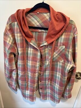 Plaid Hooded Button-Up Shirt Jacket in Rust and Sage